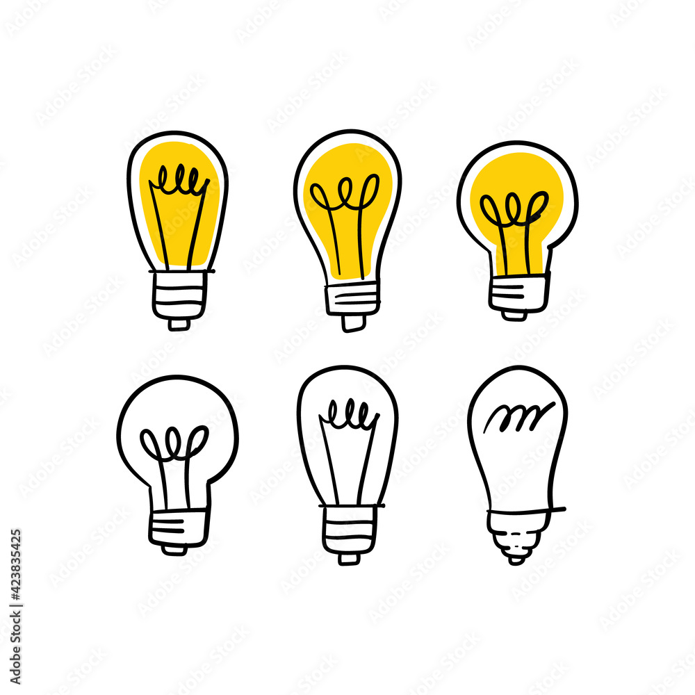 Light bulb doodle collection. Set of hand drawn electric lamp. Symbol of idea, innovation and solution. Light bulb doodle collection. Set of hand drawn electric lamp. Symbol of idea, innovation and solution.