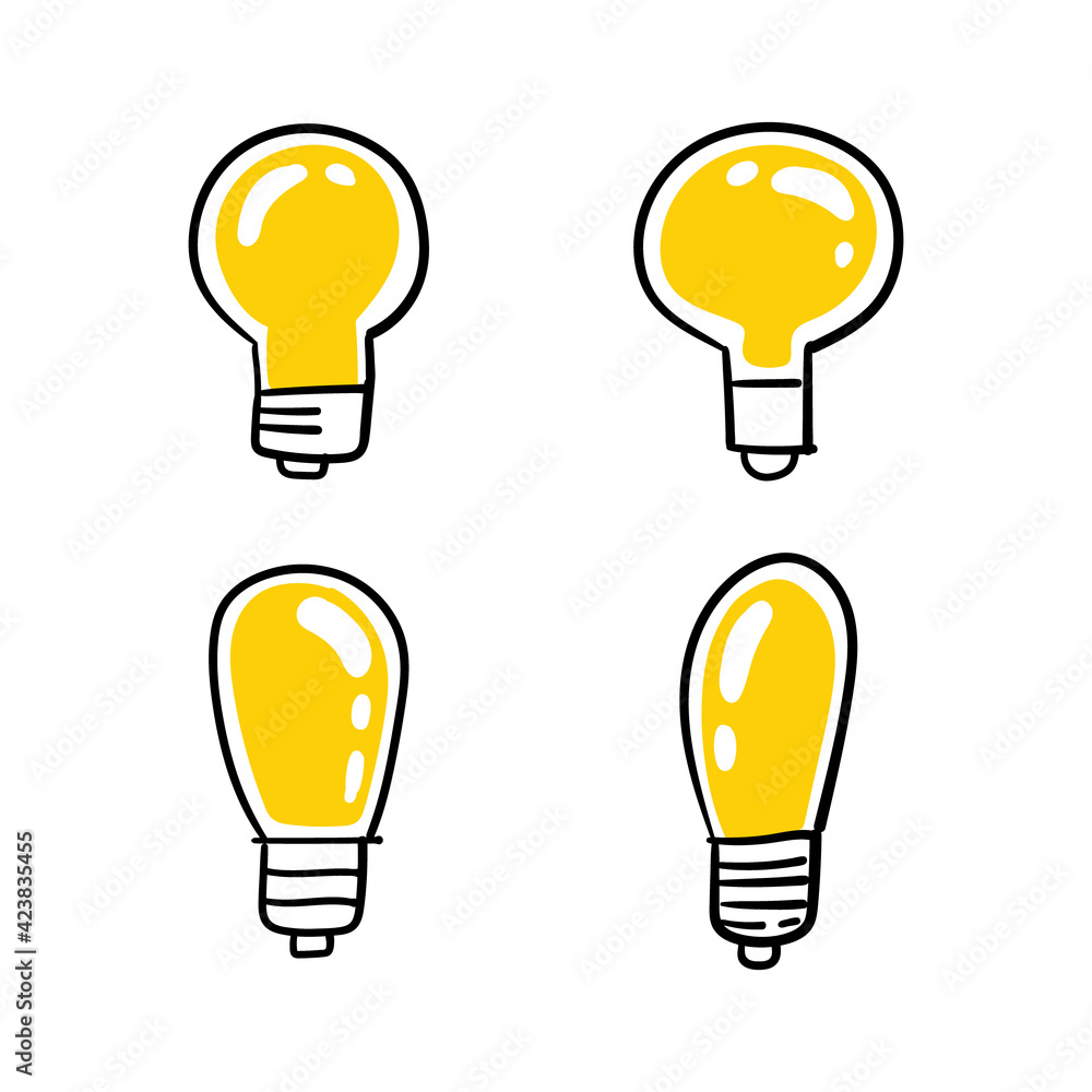Light bulb doodle collection. Set of hand drawn electric lamp. Symbol of idea, innovation and solution. Light bulb doodle collection. Set of hand drawn electric lamp. Symbol of idea, innovation and solution.
