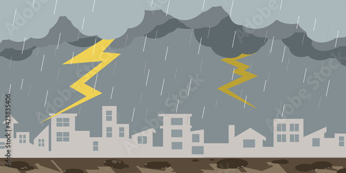 街並み　大雨　雷