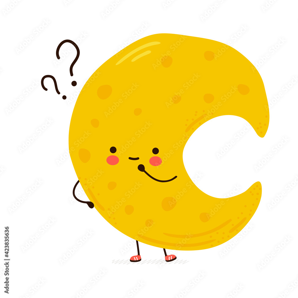 Cute funny Moon with question marks. Vector hand drawn cartoon kawaii character illustration icon. Isolated on white background. Moon think concept Cute funny Moon with question marks. Vector hand drawn cartoon kawaii character illustration icon. Isolated on white background. Moon think concept