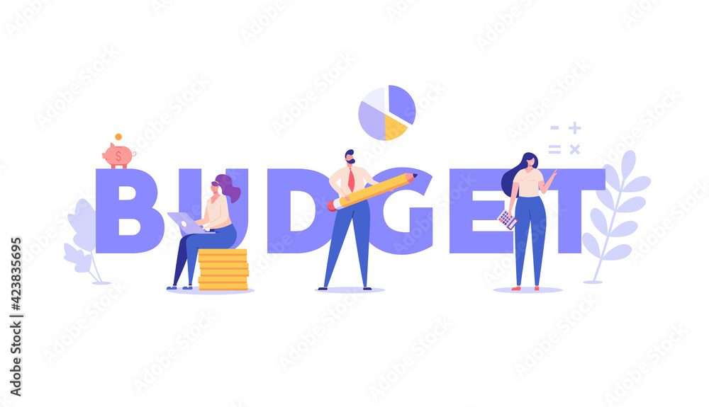 Business budget planning. Financial manager saving money or planning with piggy bank, calculator, coins. Concept of financial planning, audit, money advisor. Vector illustration in flat cartoon design Business budget planning. Financial manager saving money or planning with piggy bank, calculator, coins. Concept of financial planning, audit, money advisor. Vector illustration in flat cartoon design