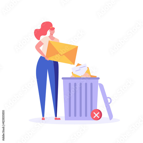 Woman standing with email or message and trash can. User deleting e-mail or spam to waste bin. Concept of delete files, cleaning email, remove spam. Flat vector illustration for UI and website