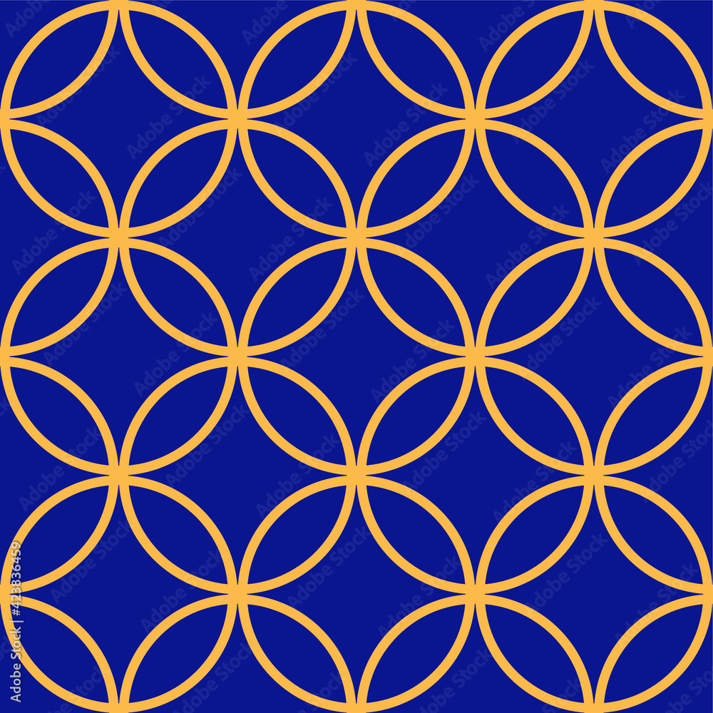 Seamless vector with the geometric ornament of yellow regular circles on blue background. Good print for wrapping paper, packaging design, wallpaper, ceramic tiles, and textile 