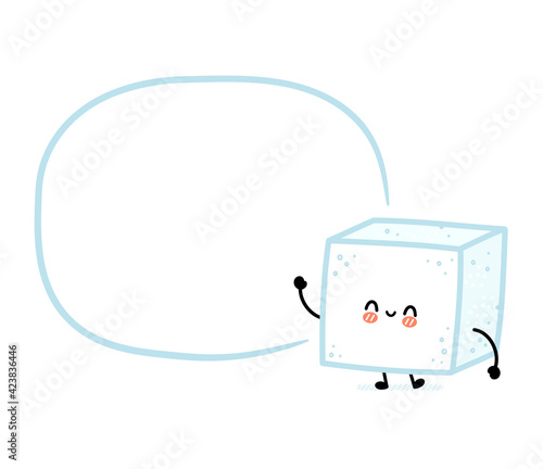 Cute funny happy sugar piece cube character with text box. Vector flat line cartoon kawaii character illustration icon. Isolated on white background. Sugar cube character concept