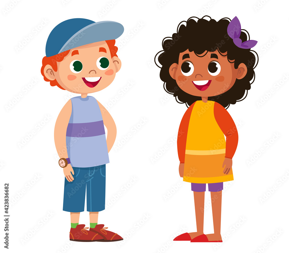 Two schoolchildren speak vector. Children laugh and play. The black woman is beautiful. Boys and girls. Illustration funny clipart set cute Two schoolchildren speak vector. Children laugh and play. The black woman is beautiful. Boys and girls. Illustration funny clipart set cute