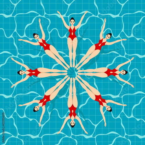 Synchronized swimming sport. Synchronized swimming lettering on a background with different swimmers.
