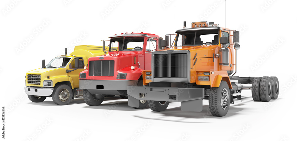 3d rendering group of heavy vehicles for transportation on white background with shadow