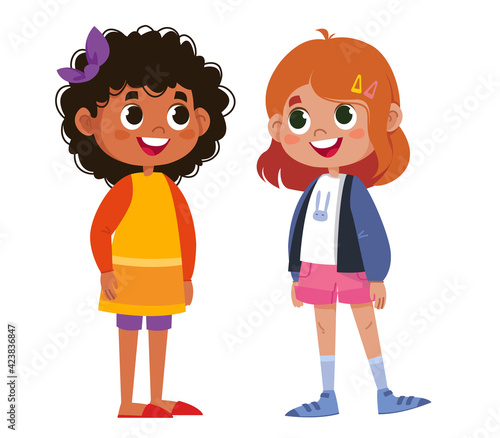 Two schoolchildren speak vector. Children laugh and play. The black woman is beautiful. Two girls stand cartoons. Illustration funny clipart set cute