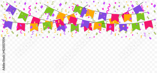 Colorful garland with celebration flags. Colour bunting with confetti and ribbons. Carnival garland for birthday, party and holiday. Banner or poster for decoration.
