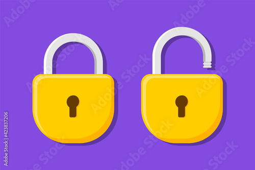 Lock flat icon. Padlock unlocked and locked. Lock closed and lock open. Symbol protection and secure. Vector illustration.