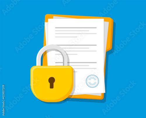 Document protection with lock. Folder with documents secure. Paper data confidential protection. Vector illustration. photo