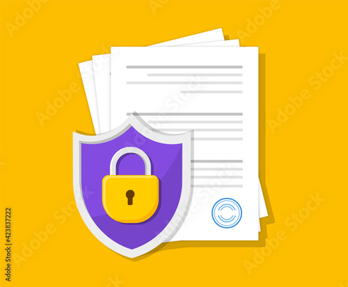 Document protection with lock. Documents secure. Paper data confidential protection. Vector illustration.