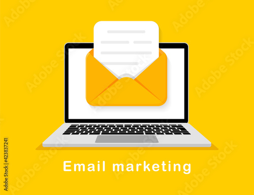 Email marketing concept with envelope on laptop screen. Opened mail on computer. Sending email. Digital advertising. Vector illustration.