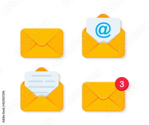 Set of mail and email envelopes. Opened and closed envelope with a document. Letter in envelope. Incoming new message. Vector illustration.