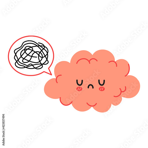 Cute funny brain character and speech bubble with tangle of messy thoughts. Vector cartoon kawaii character illustration icon. Isolated on white background. Brain in depression character concept