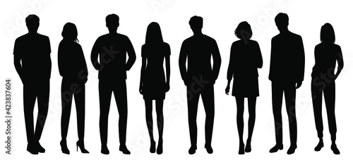 Vector silhouettes of  men and a women, a group of standing  business people, black  color isolated on white background