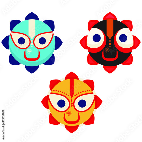 Symbol for Ratha Yatra. Image of Jagannatha, Baladeva and Subhadra. A chariot festival in the Vaishnava tradition of Hinduism.
