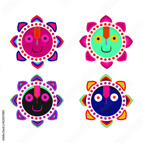 Set of vector drawings of Jagannath. Collection of Hindu symbols. Colorful icons of Vedic deities.