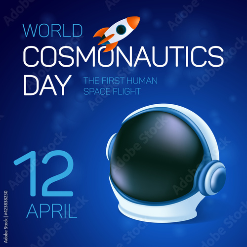 Poster or greeting card to 12 April - International Cosmonautics Day. The first human space flight. Vector illustration with the astronaut's helmet and flying rocket or shuttle on the blue background