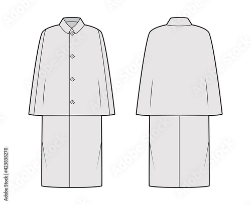 Inverness coat cape technical fashion illustration with long sleeves, round lapel collar, oversized body, midi length. Flat jacket template front, back, grey color style. Women, men, top CAD mockup