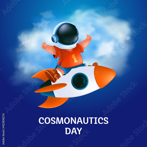 Poster or greeting card to 12 April - International Cosmonautics Day. The first human space flight. Vector illustration of kid astronaut in a helmet on the flying rocket on blue and cloudy background