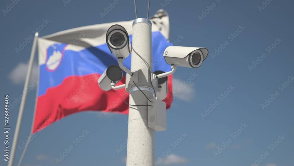 Flag of Slovenia and four security cameras on the pole, looping 3d animation Flag of Slovenia and four security cameras on the pole, looping 3d animation