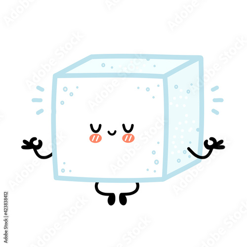 Cute funny happy sugar piece cube character meditate. Vector flat line cartoon kawaii character illustration icon. Isolated on white background. Sugar cube character concept