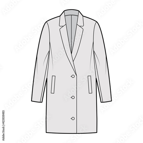 Oversized jacket technical fashion illustration with elongated lapel collar, long sleeves, welt pockets, button opening. Flat coat template front, grey color style. Women, men, unisex top CAD mockup