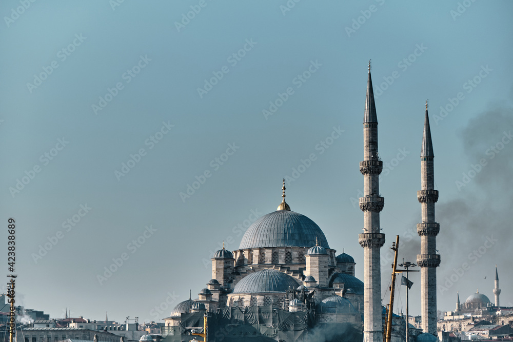 Fototapeta premium Turkey istanbul 03.03.2021. old and ancient ottoman mosques Yeni Cami mosque in istanbul turkey during morning by taken photo from istanbul bosporus.
