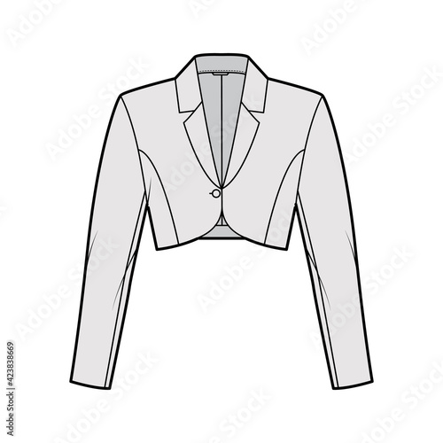 Bolero jacket technical fashion illustration with crop waist length, long sleeves, notched collar, button closure. Flat blazer template front, grey color style. Women, men, unisex top CAD mockup