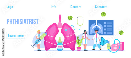 Pulmonologist, phthisiologist concept vector for the landing page, header. Scene of pulmonary fibrosis, tuberculosis, pneumonia, lung diagnosis x-ray machine, tiny doctors scan lungs.