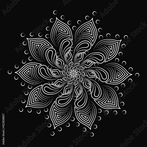 Round vector floral decorative ornament for designe, patterns, prints, games, decorations. White line art illustration on the black background. Vintage elements.