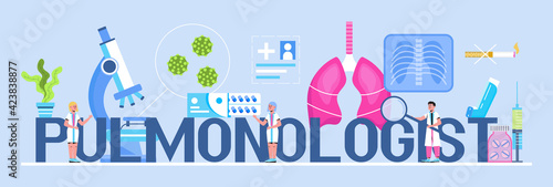 Pulmonologist, phthisiologist concept vector for the landing page, header. Scene of pulmonary fibrosis, tuberculosis, pneumonia, lung diagnosis x-ray machine, tiny doctors scan lungs.