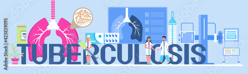 Pulmonologist, phthisiologist concept vector for the landing page, header. Scene of pulmonary fibrosis, tuberculosis, pneumonia, lung diagnosis x-ray machine, tiny doctors scan lungs.