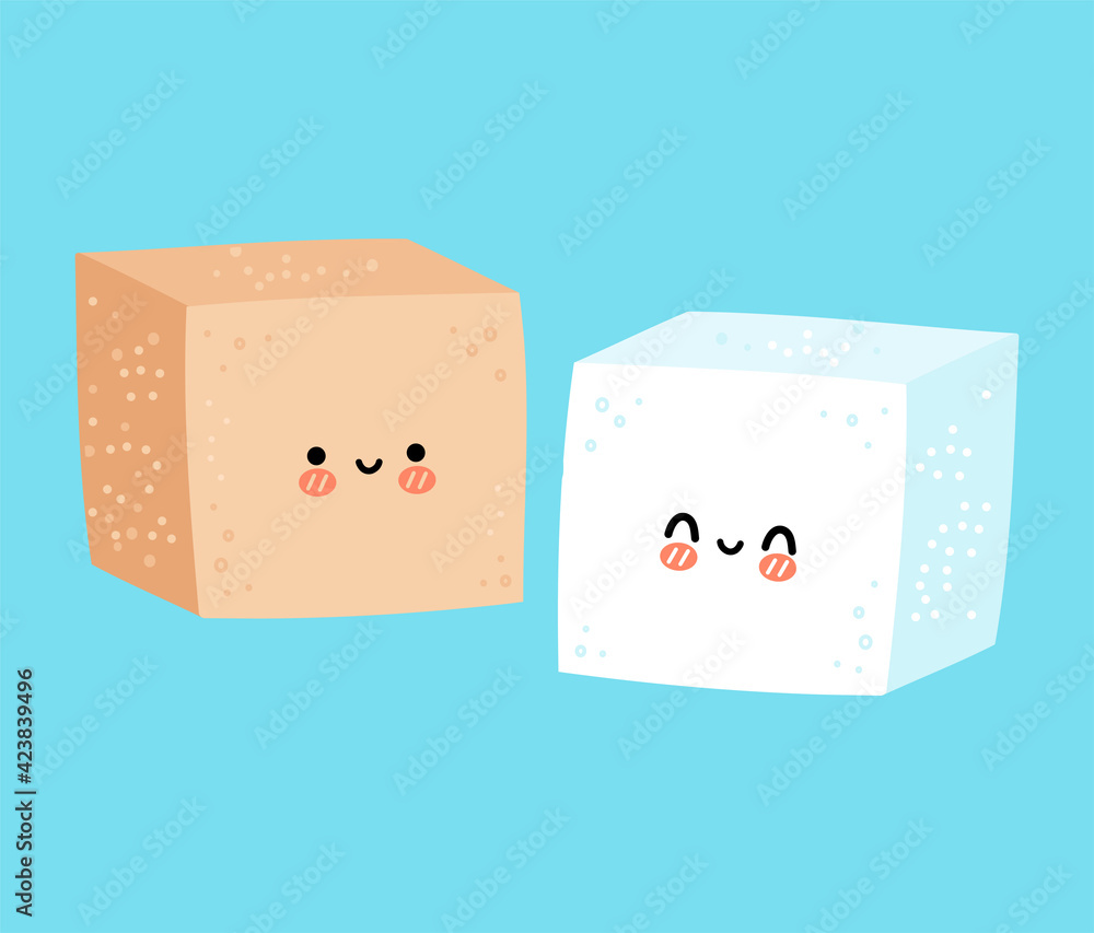 Cute funny happy white and brown sugar piece cube character. Vector flat  line cartoon kawaii character illustration icon. Sugar cube character  concept Stock Vector | Adobe Stock