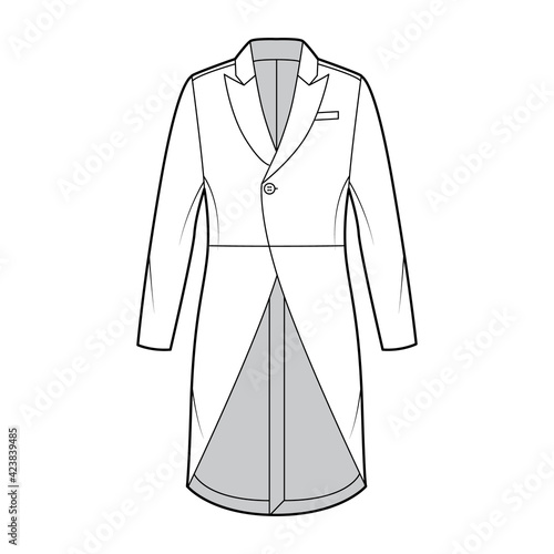 Morning coat jacket technical fashion illustration with long sleeves, peaked lapel collar, cutaway front, welt pocket. Flat template, white, color style. Women, men, unisex top CAD mockup