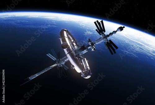 Fototapeta Naklejka Na Ścianę i Meble -  Big Space Station Orbiting Blue Planet Earth