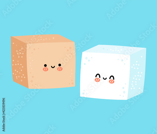 Cute funny happy white and brown sugar piece cube character. Vector flat line cartoon kawaii character illustration icon. Sugar cube character concept