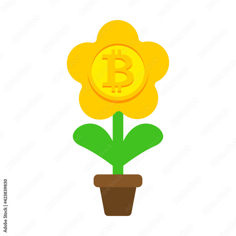 Bitcoin plant in pot. Cryptocurrency flower. Bitcoin plant in pot. Cryptocurrency flower.