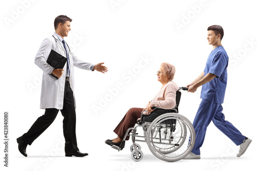 Full length profile shot of a male doctor walking and greeting elderly woman in a wheelchair and nurse