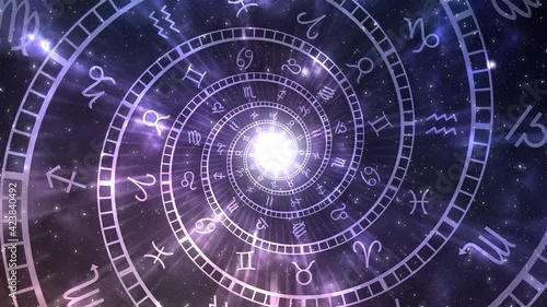 Endless looping zodiac signs spiral over astronomy galaxy background, horosocope, esoteric or fortune concept photo