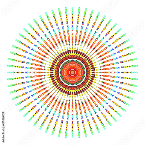 Creative multicolored points round symbol. Abstract symmetrical logo. Mosaic colorful beautiful beads. Circle dots modern pixel floral art icon. Colored pattern ornament wheel decorative illustration.