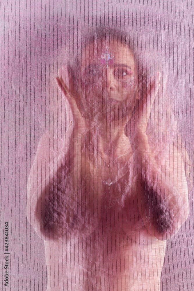 Caucasian woman with transparent fabric Caucasian woman with transparent fabric