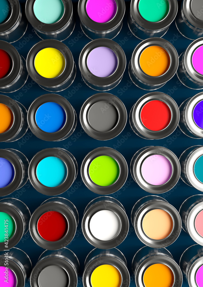 Tin cans different color paint background - 3d render