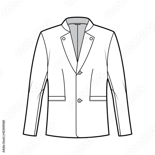 Tyrolean jacket tuxedo technical fashion illustration with long sleeves, stand lapel collar, welt pockets. Flat Austrian coat template front, white color style. Women, men, unisex top CAD mockup