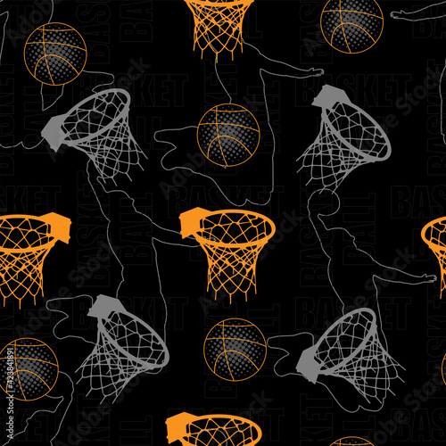 Seamless sport pattern with basketball ball, basket and text basketball on black background