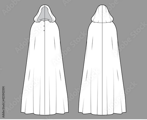Cloak coat technical fashion illustration with hood, oversized trapeze body, floor maxi length, button closure. Flat jacket template front, back, white color style. Women, men, unisex top CAD mockup