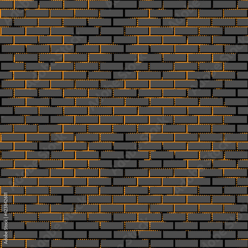Abstract seamless pattern with gray bricks and orange grunge on black background