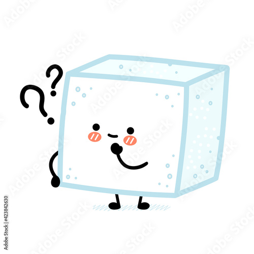 Cute funny happy sugar piece cube character with question marks. Vector flat line cartoon kawaii character illustration icon. Isolated on white background. Sugar cube character concept
