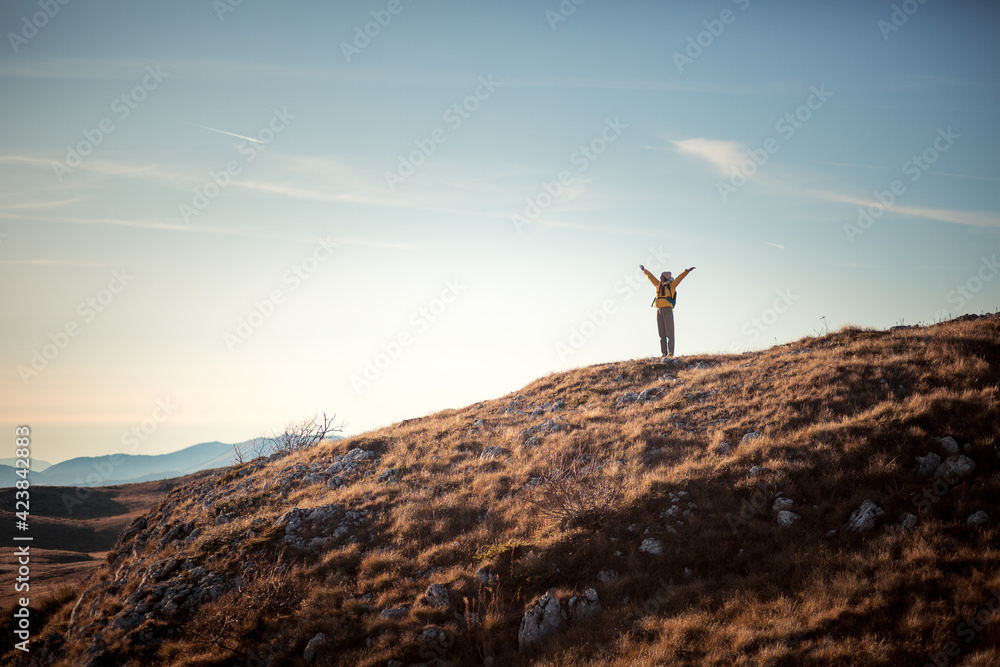 Successful woman raising hands on mountain